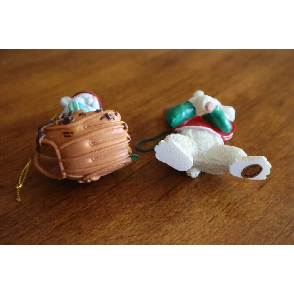 Lot 2x Baseball Bunny Rabbit Glove Bat Polar Bear Swinging Christmas Ornament